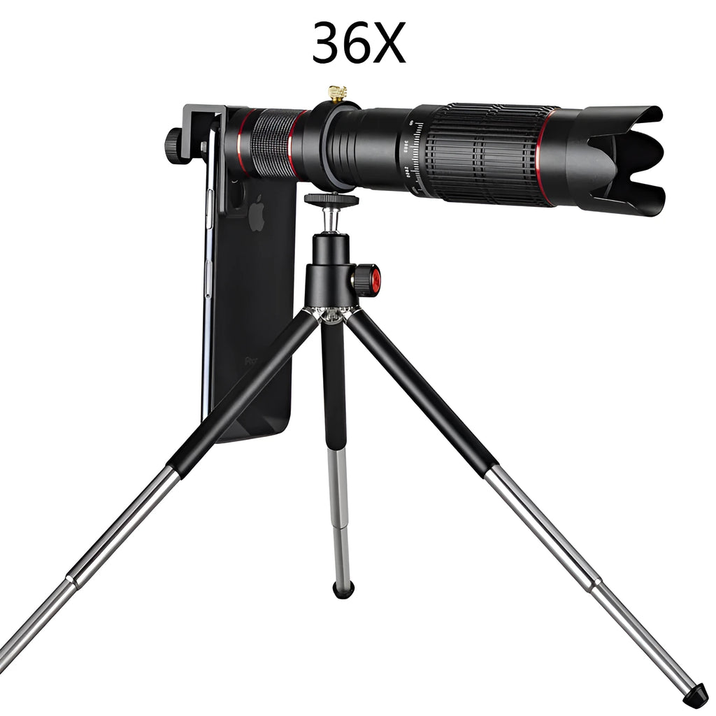 Black 36x telephoto mobile phone telescope with universal clip for smartphone attachment