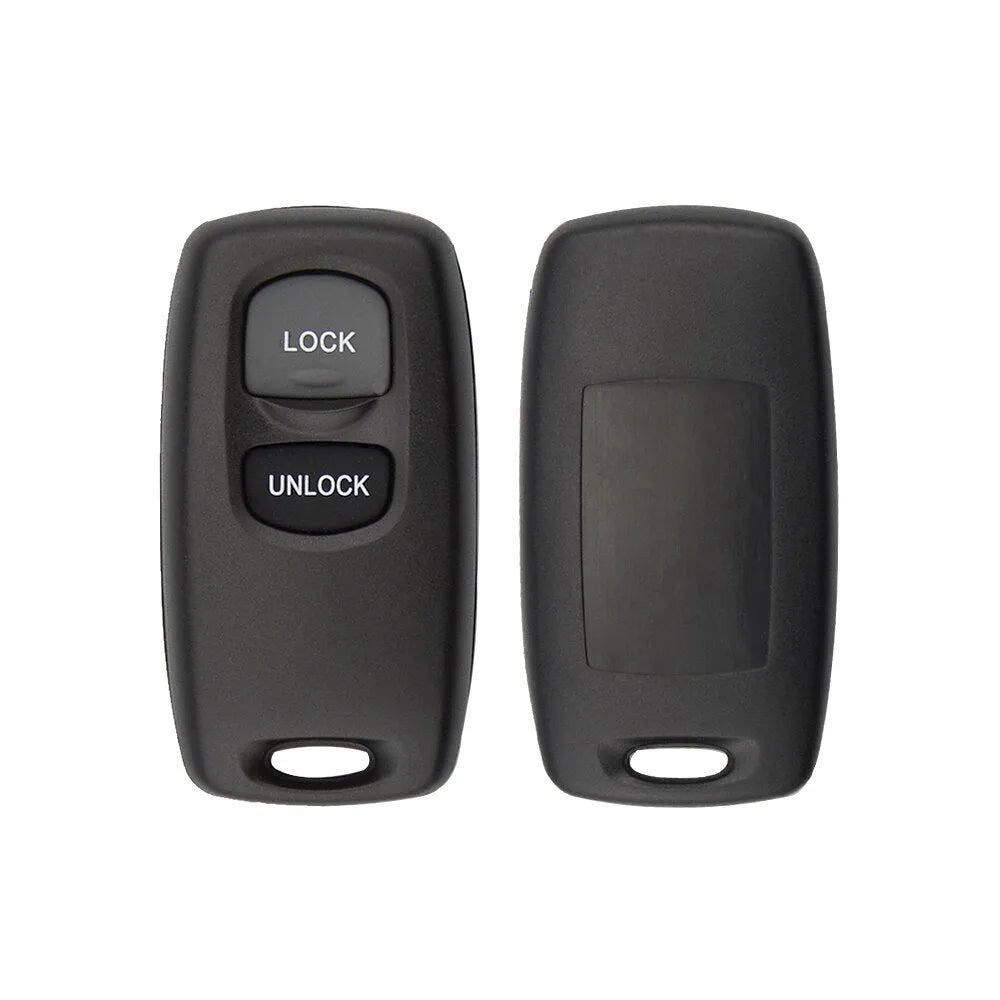 Black Mazda two button remote control shell with copper key blade and button skin