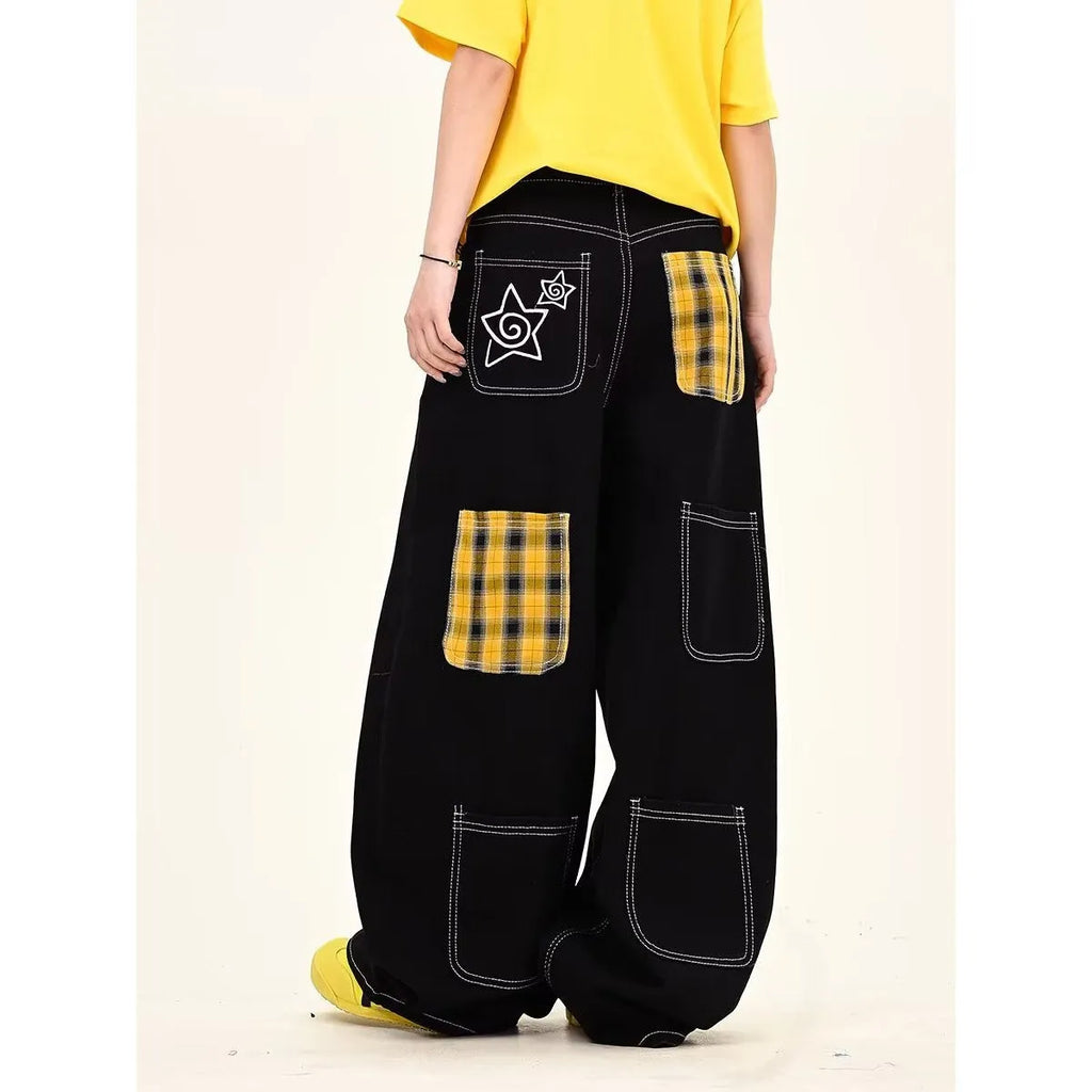 Black personalised letter jeans mid waist cotton denim hip hop trousers zip placket