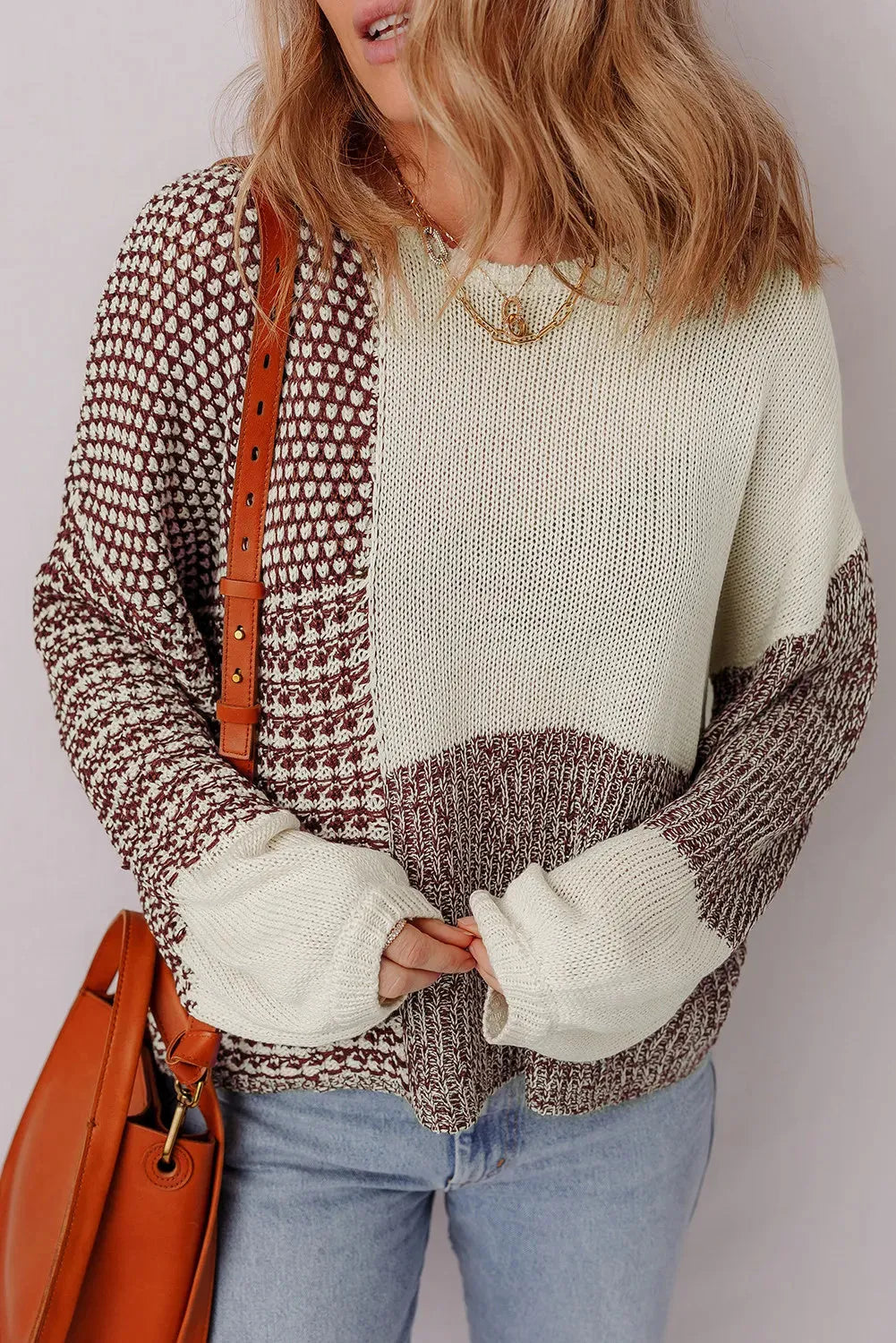Dark khaki drop shoulder loose sweater with colour block design and a back tie.