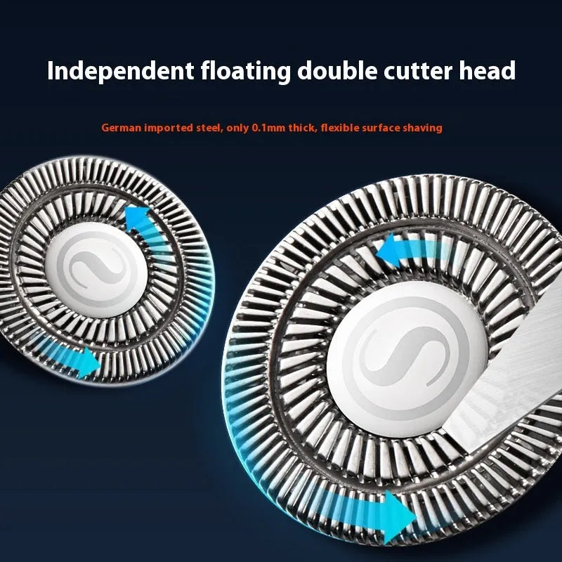 Mini three-head electric shaver rechargeable with 60-day battery life, fully washable, available in lava orange