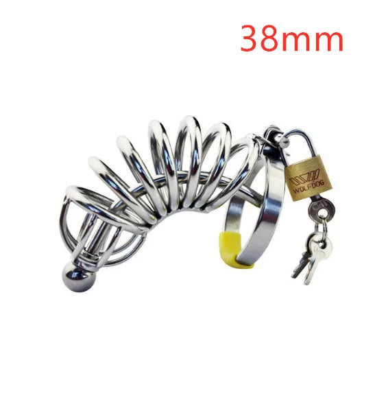 Male stainless steel chastity device with catheter and lock, available in multiple ring sizes from 38mm to 52mm