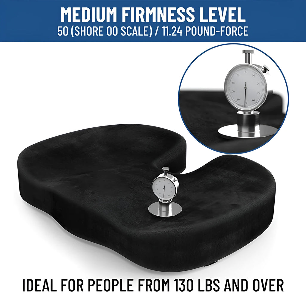 Black flannel U-shaped memory foam office seat cushion measuring 46x36cm