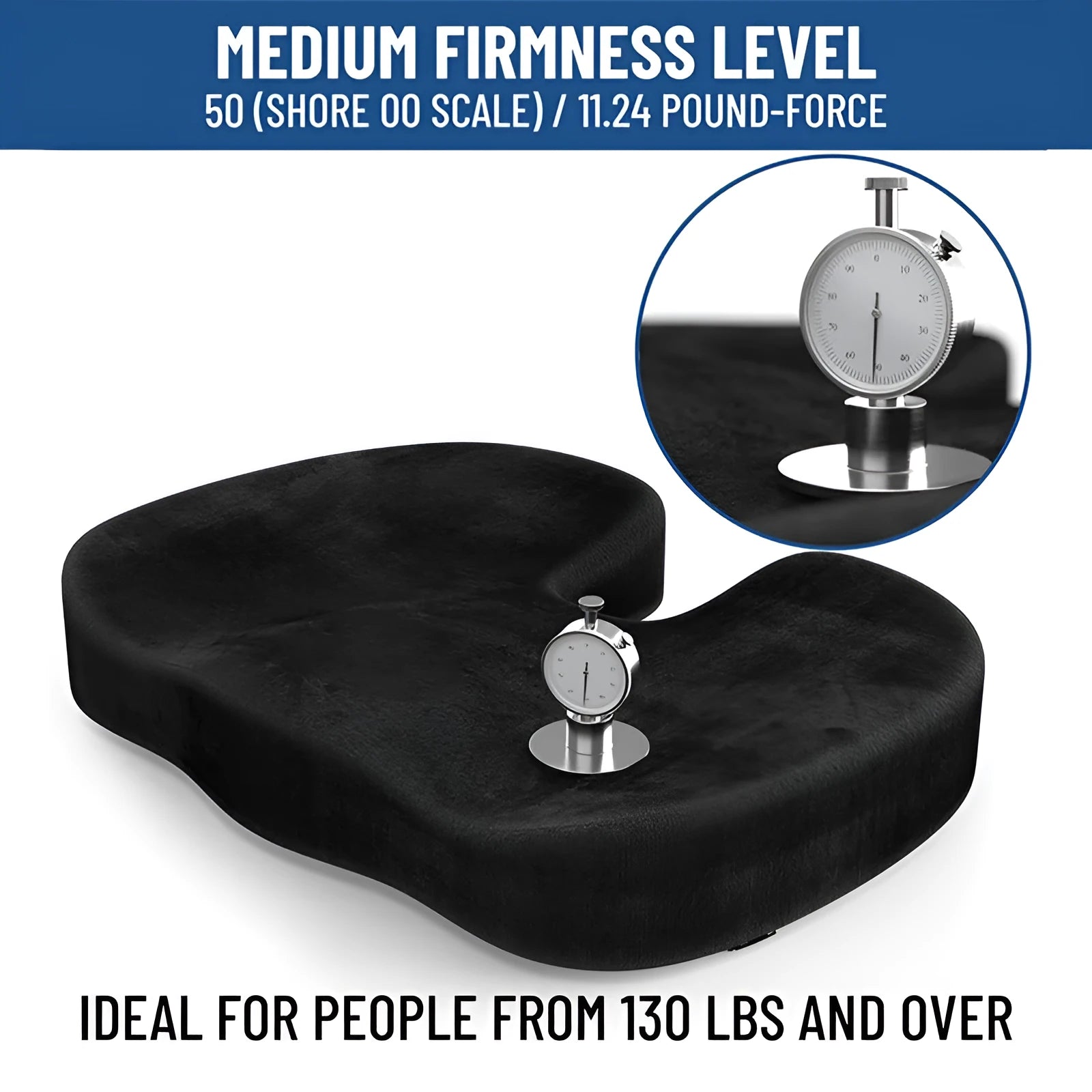 Black flannel U-shaped memory foam office seat cushion measuring 46x36cm