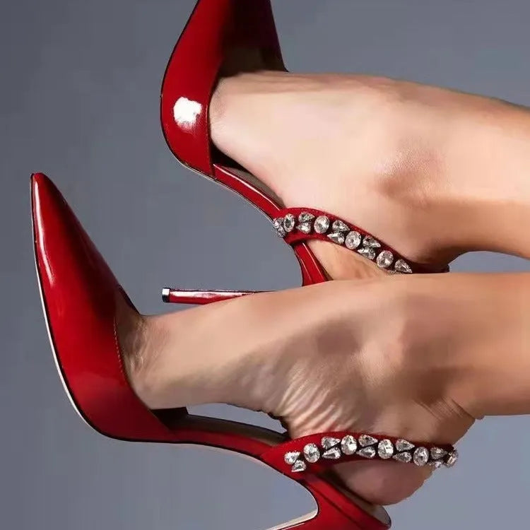 Women's pointed toe high heel sandals with rhinestone decoration on the side in patent leather