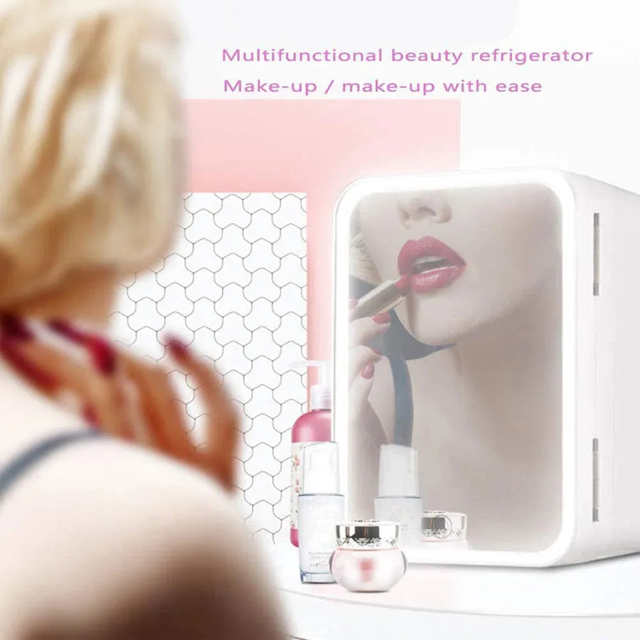 Mini makeup fridge in white with 22℃ to 65℃ cooler and warmer function, 12V and 220V power, removable shelf and 48W rating