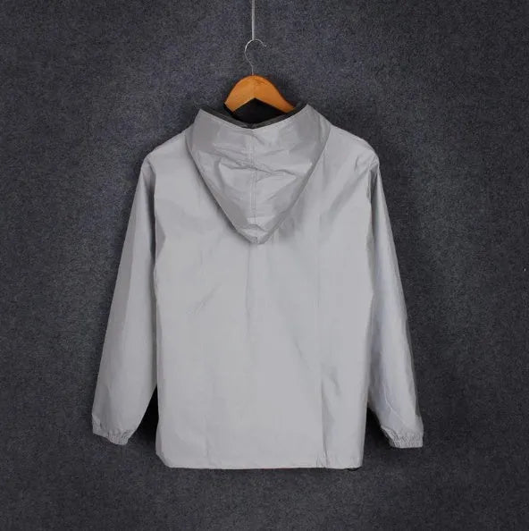 Men's full reflective windbreaker jacket in grey with hooded stand collar and zipper closure
