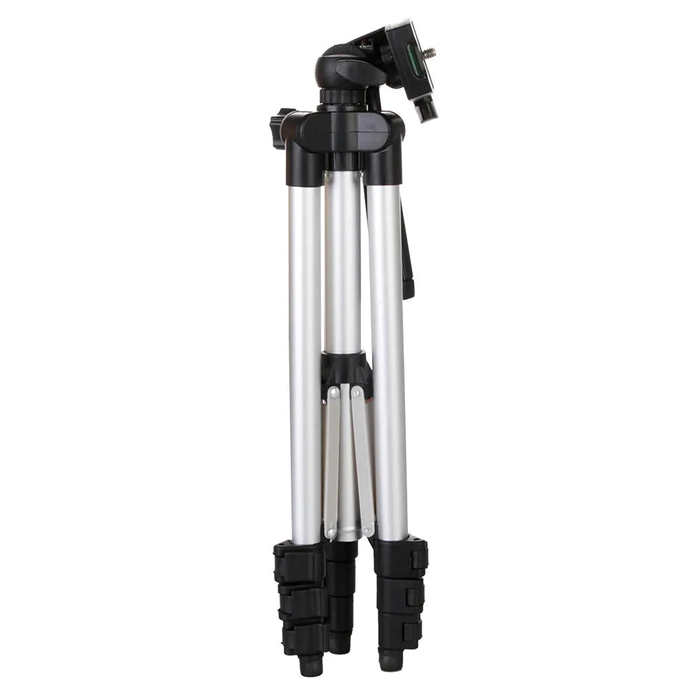 Lightweight aluminium alloy camera phone tripod with 3D pan/tilt head and quick release plate, silver or black.