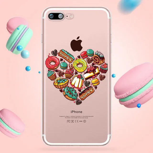 Transparent customisable phone case with printed design on back, showing phone model compatibility list.