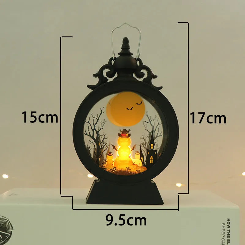 Halloween retro candle portable storm lantern with hook, LED light in pumpkin colour, 9.5x15cm size
