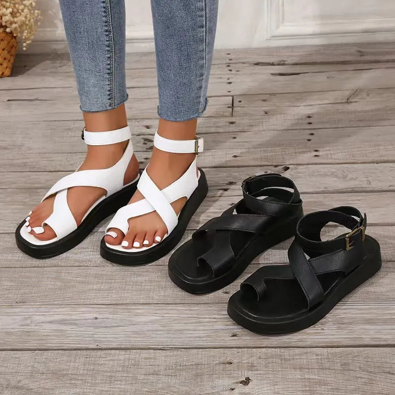 Women's casual thick-soled clip toe sandals with back buckle strap in beige, round toe design