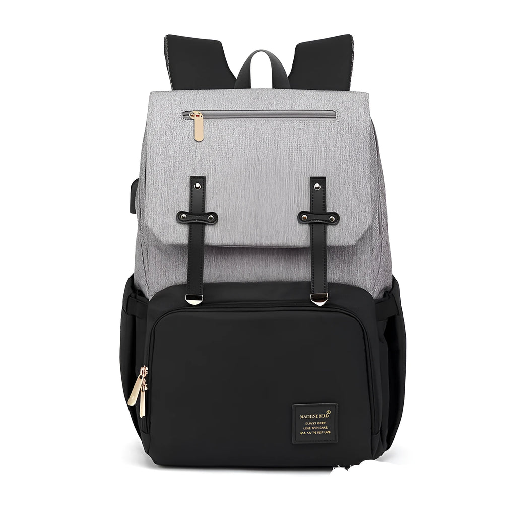 Grey white double shoulder mummy bag with bottle, stroller hooks, and multiple pockets for baby essentials