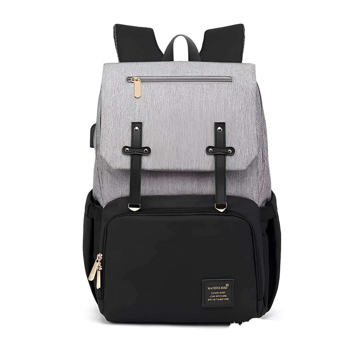 Grey white double shoulder mummy bag with bottle, stroller hooks, and multiple pockets for baby essentials
