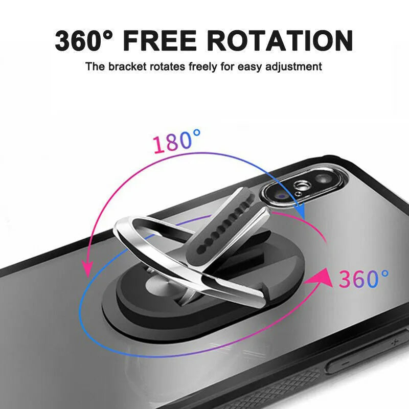 Universal car air vent phone holder with finger ring grip, zinc alloy body, silicone clip, 360° rotation