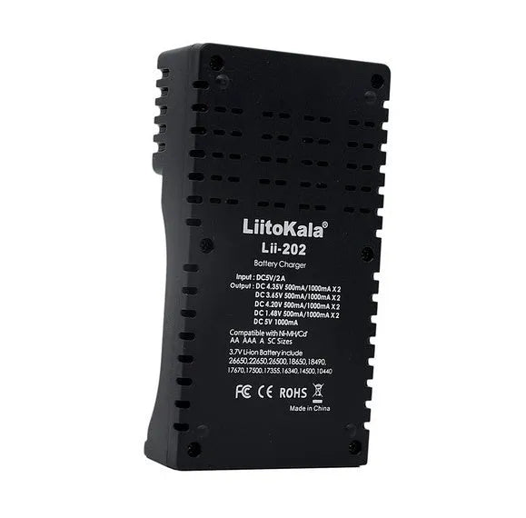C20 lithium battery charger with two slots, LED display, and Micro USB input, shown with batteries