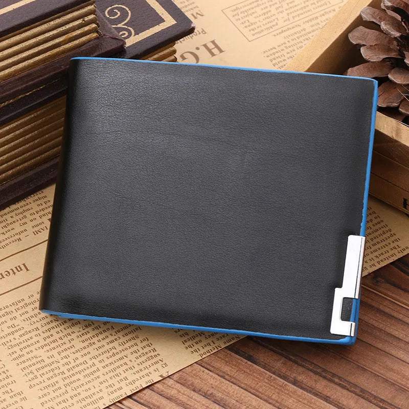 Mens black PU leather wallet with blue edge, open showing card slots and bill compartments