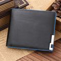Mens black PU leather wallet with blue edge, open showing card slots and bill compartments