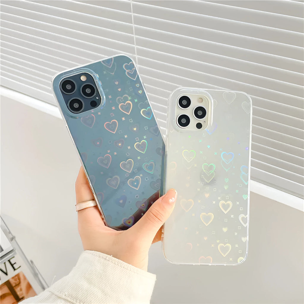 Transparent silicone iPhone case with laser colourful love heart design on the back.