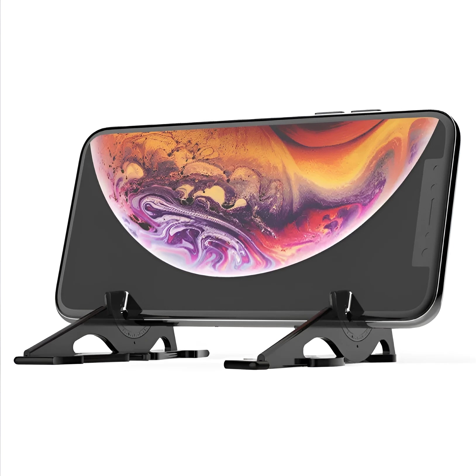 Black card-type plastic mobile phone holder on a desk, holding a smartphone upright.
