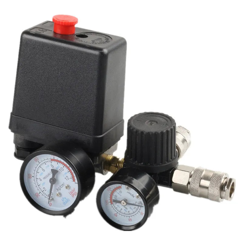 European-style air compressor pressure switch assembly showing connection ports and labelled switch box.