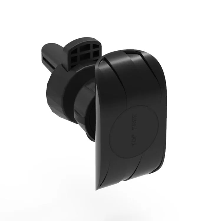 Matte black car phone holder clipped onto a car air vent, holding a smartphone.