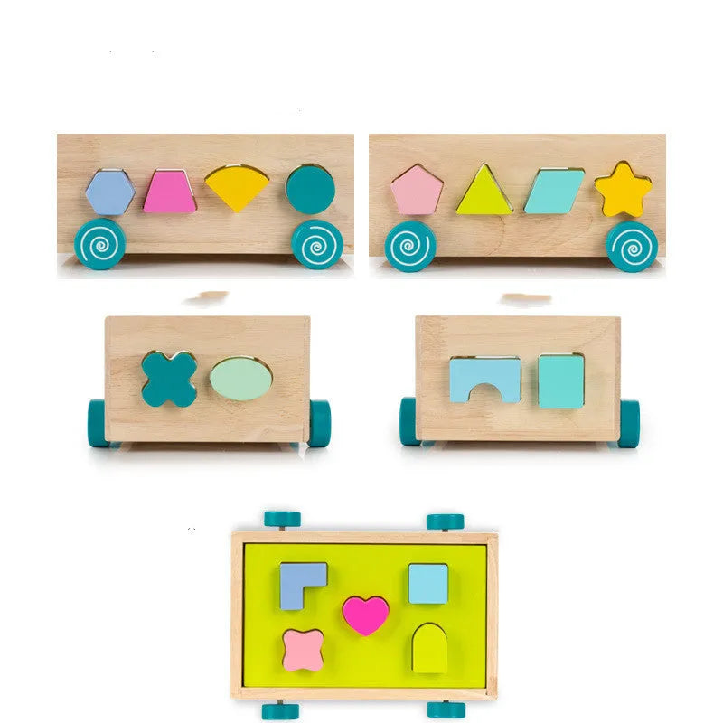 Wooden geometric shape sorter on wheels with 17 sorting holes and colourful cubes for toddlers age 3 plus