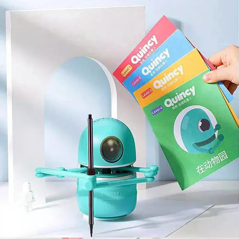 Children painting robot with English voice guidance on a table, showing drawing cards and suction cup base