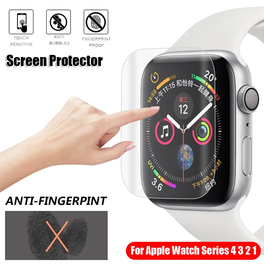 Full coverage hydrogel screen protector for Apple Watch on a watch face.