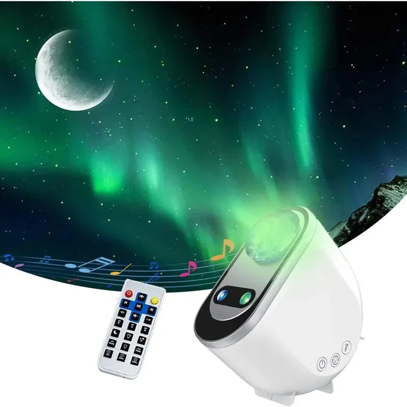 White Aurora Borealis star projector lamp with remote control projecting green stars and Northern Lights on wall