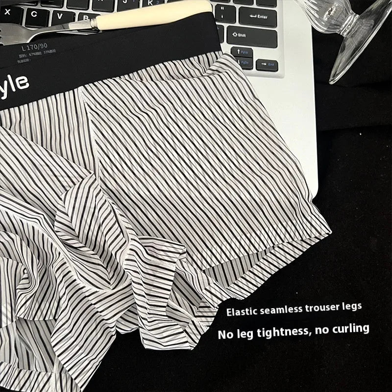 Vintage stripe men's ice silk breathable boxer briefs in dark brown knitted nylon