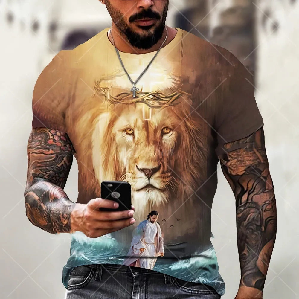 3D printed Jesus pattern men's T-shirt in bird eye cloth polyester with short sleeves