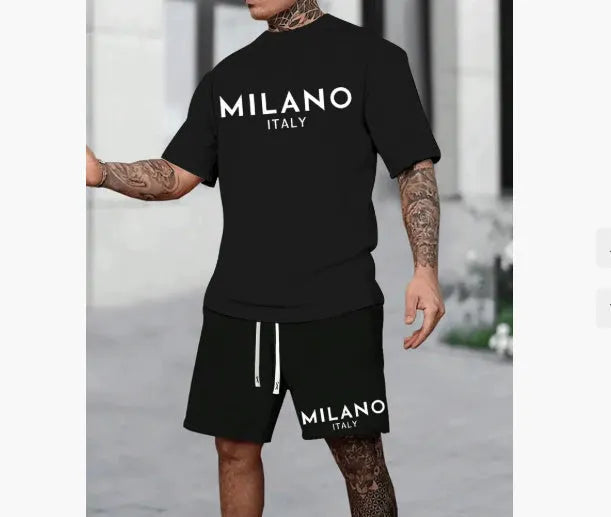 Men's polyester short sleeve suit set with pullover top and matching shorts in multiple colours