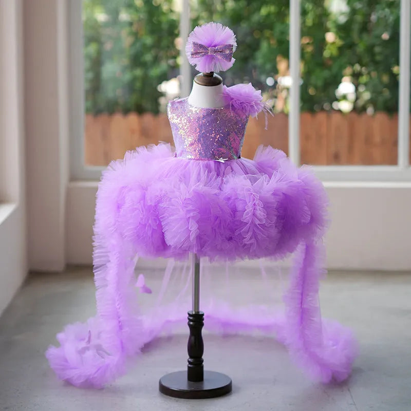 Spring colorful sequined girl's small host dress in taro purple with polyester lining
