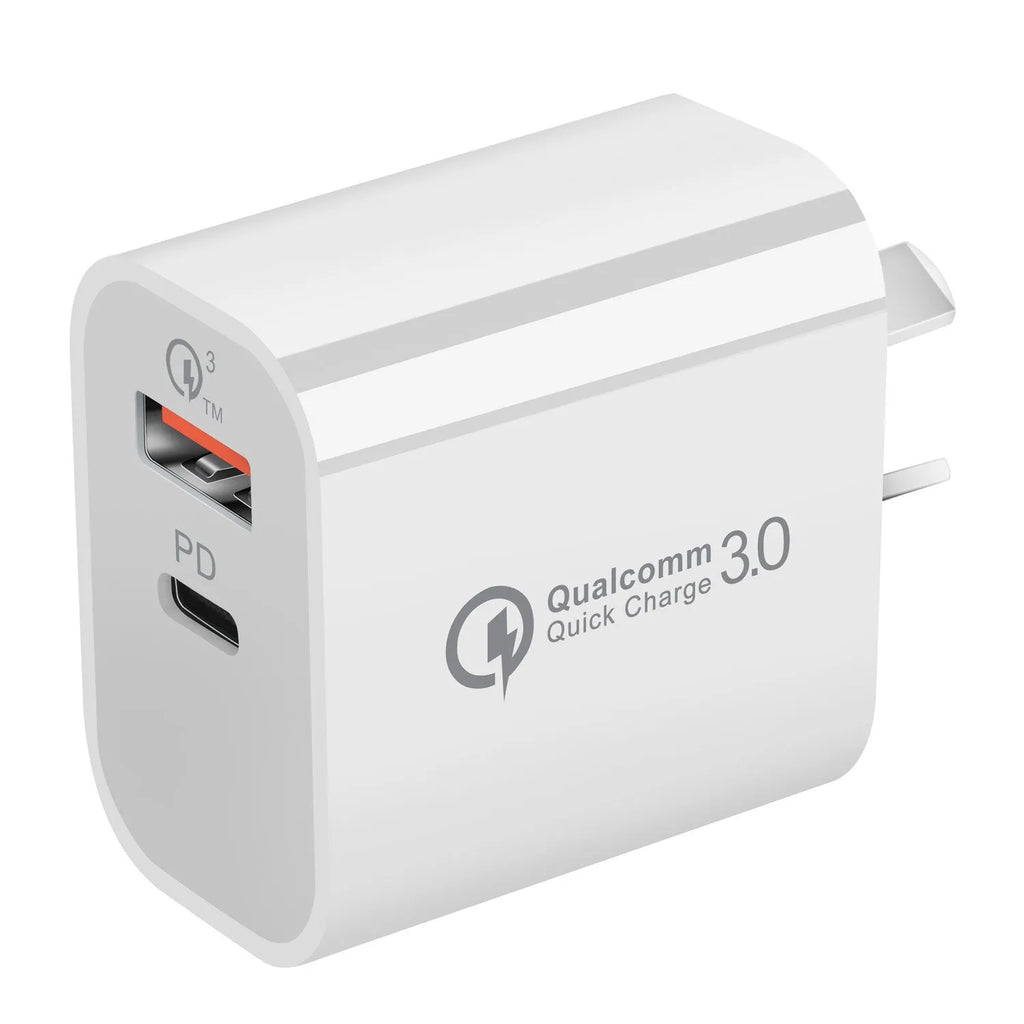 White dual port USB charger with Australian plug, showing USB-A and USB-C ports.