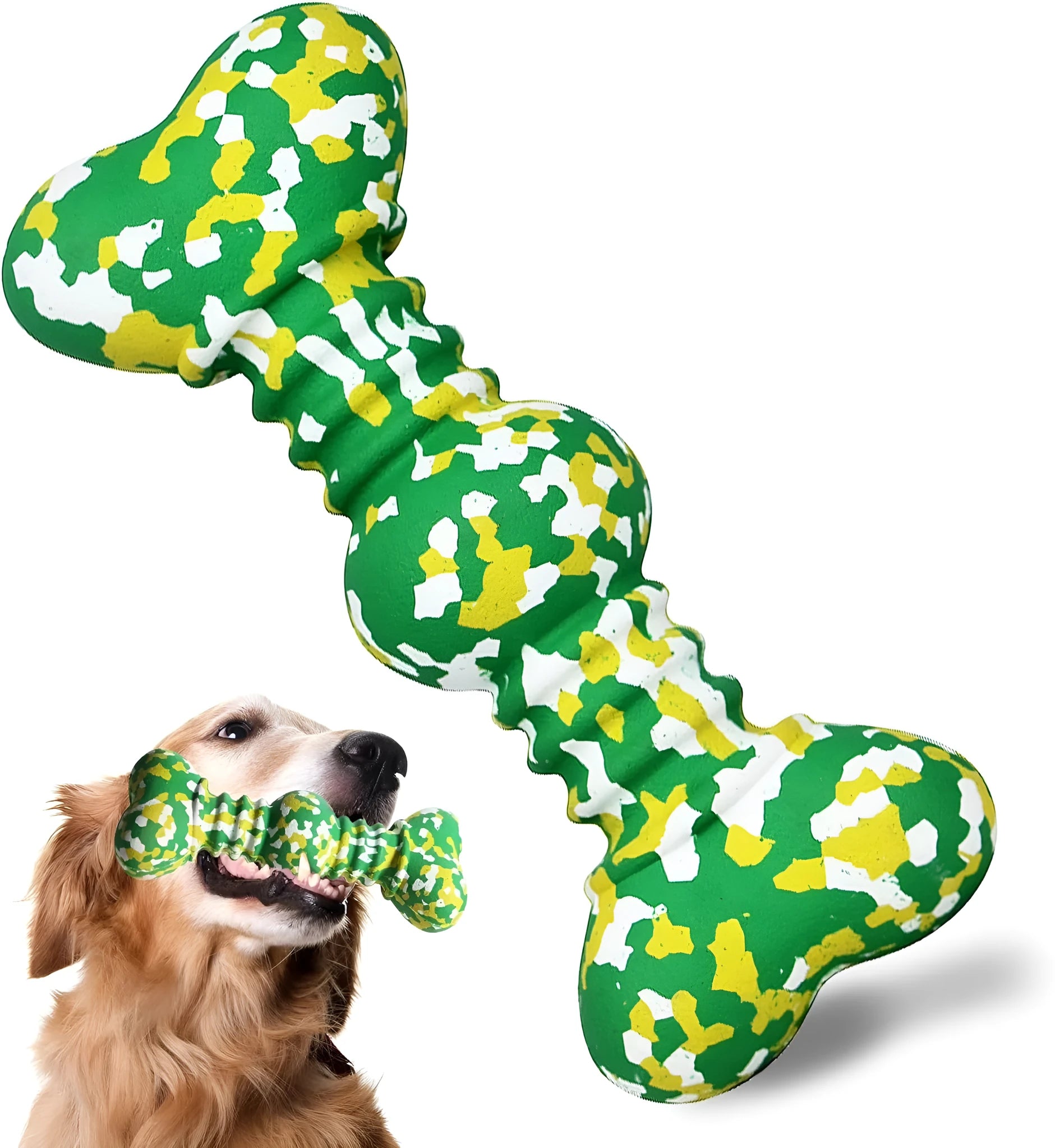 Natural rubber bone-shaped dog chew toy with camouflage pattern in two sizes for medium and large breed dogs