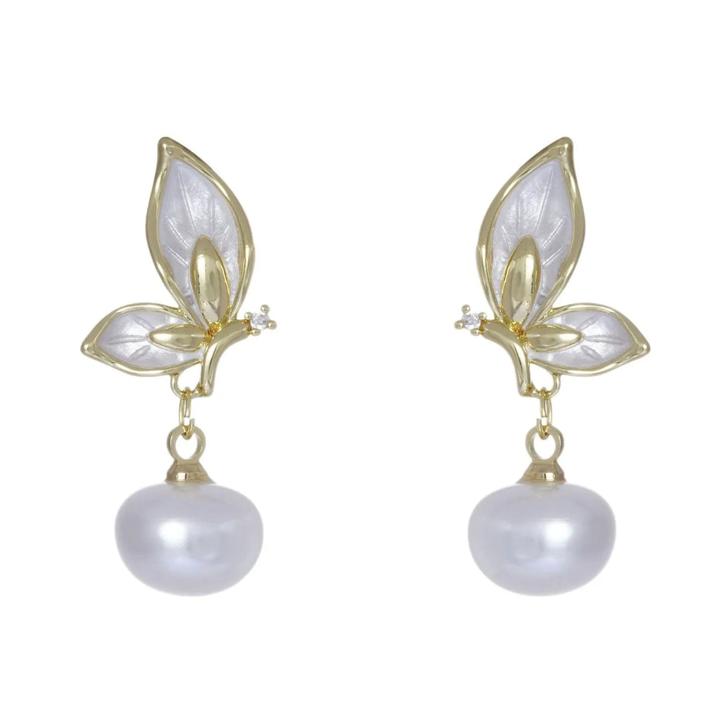 Copper butterfly earrings with electroplated finish and zircon painting detailing