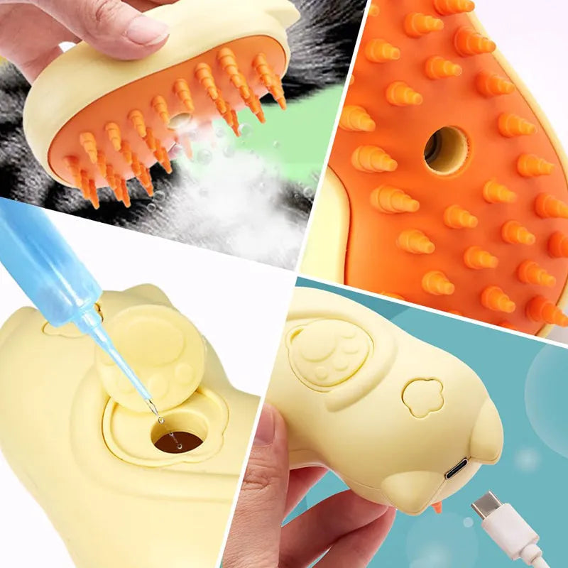 3-in-1 steamy cat brush with self-cleaning steam function and ergonomic handle for pet grooming