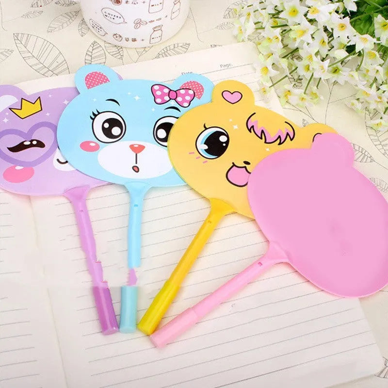 Fan-shaped promotional ballpoint pen with character refill showing 19.5cm length and 0.5mm nib