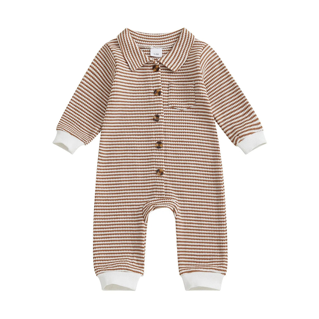 Babies' front open single-breasted knitted long sleeve jumpsuit in waffle cotton, light blue colour