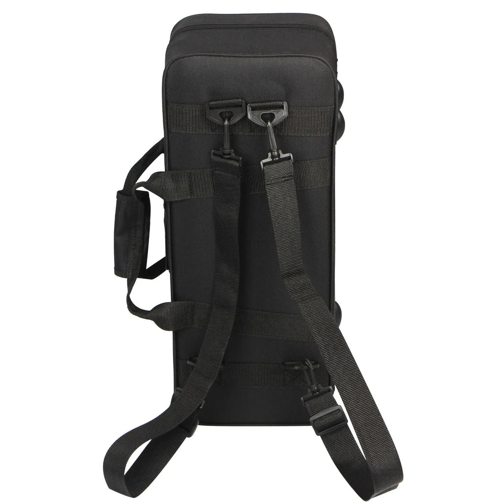 Black Oxford cloth shoulder and back storage bag for musical instruments, 53x22x15 cm, on a plain background