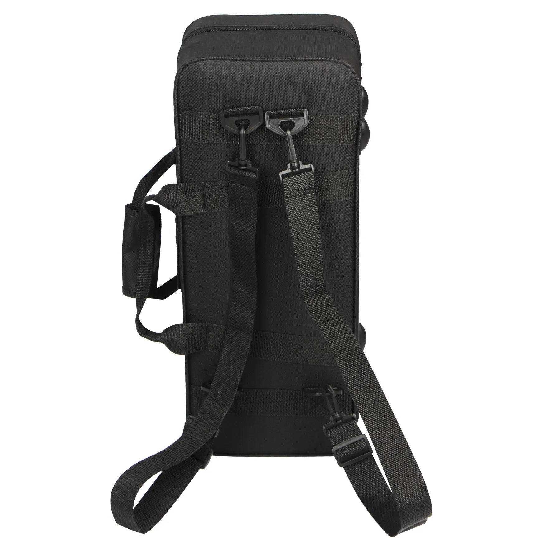 Black Oxford cloth shoulder and back storage bag for musical instruments, 53x22x15 cm, on a plain background