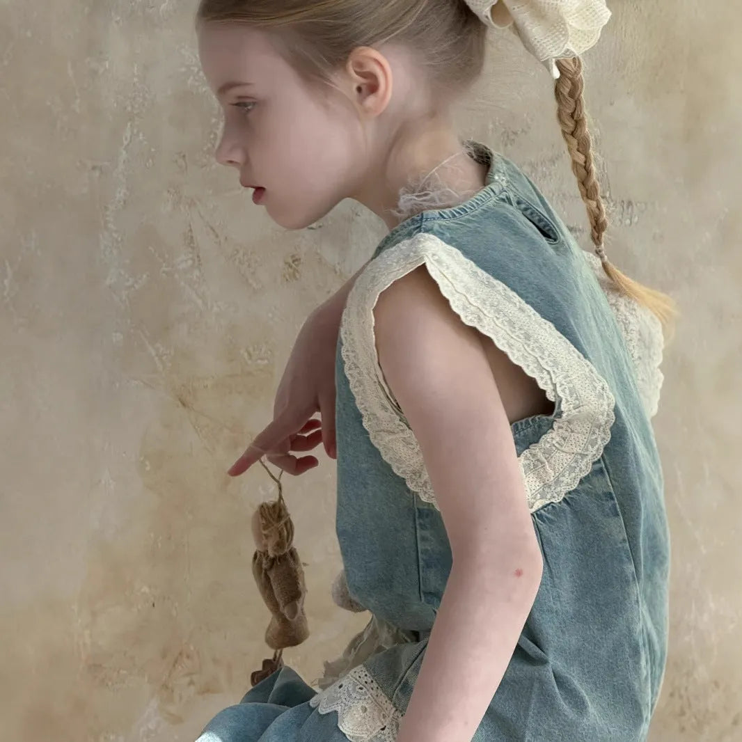 Girls' light blue cotton denim two-piece set with lace trim sleeveless vest and cropped wide-leg pants on child model