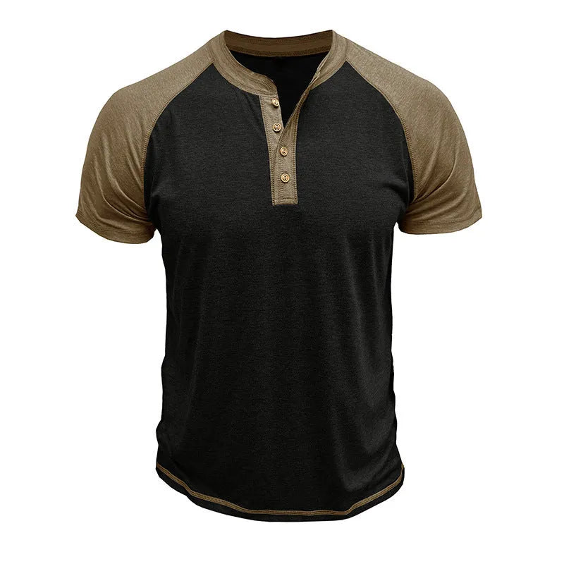 Men's short sleeve pullover in a two-tone colour block design with raglan sleeves.