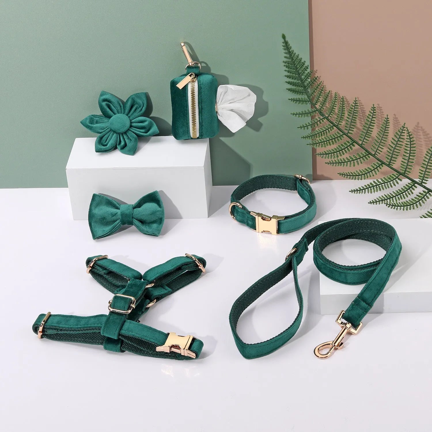 Classic velvet soft dog collar and leash harness set with bow tie, flower, and toilet bag accessories in multiple colours.