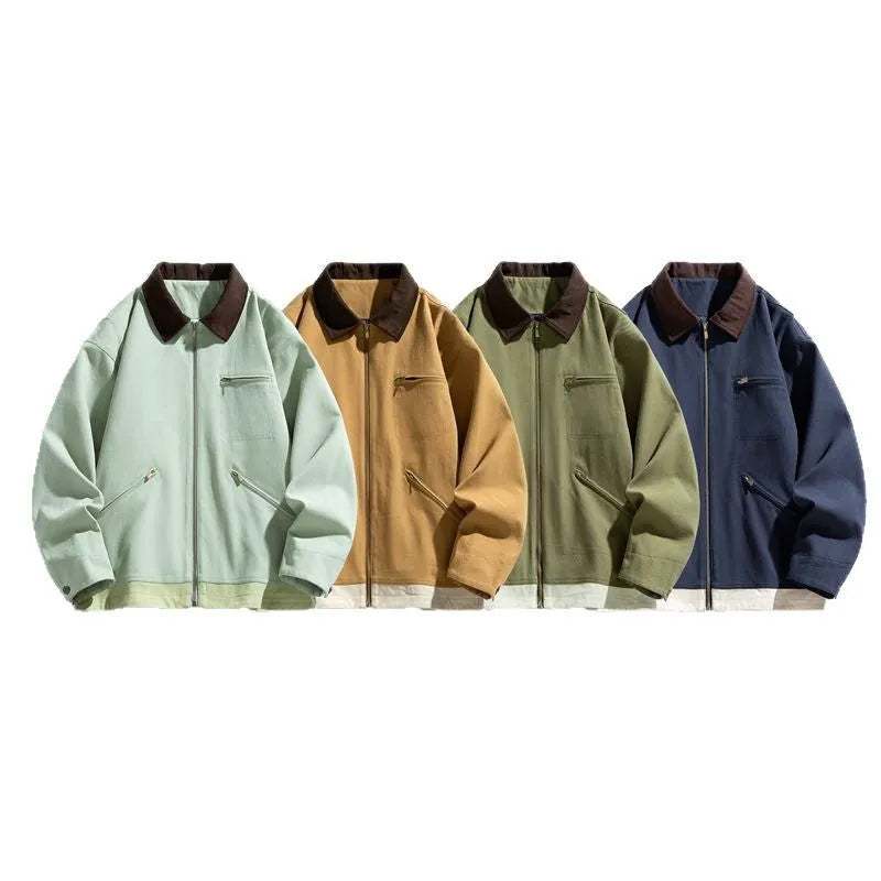 Mint green American retro-style loose men's jacket with dark contrast lapels and side seam pockets.
