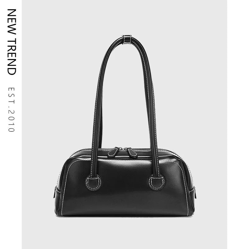 Retro PU underarm bag for women, horizontal square 31 x 9 x 14 cm with double straps and stitching