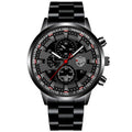 Men's stainless steel luminous quartz wristwatch with calendar, 42mm dial, black face, mineral glass mirror, single fold buckle