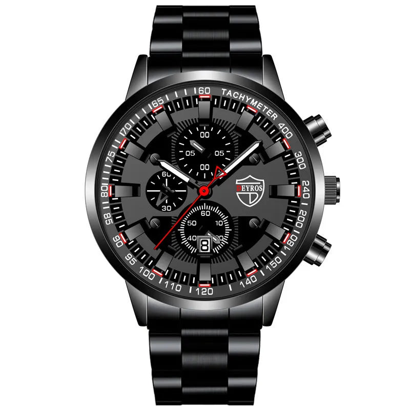 Men's stainless steel luminous quartz wristwatch with calendar, 42mm dial, black face, mineral glass mirror, single fold buckle