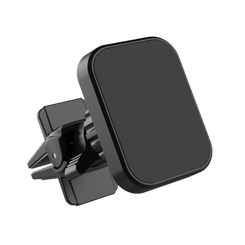 Black magnetic car phone holder attached to a vehicle air vent, showing round head design.