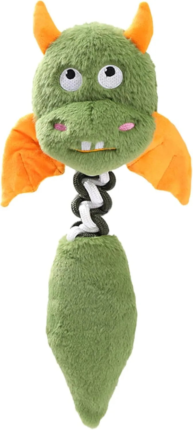 Large black plush dog toy with a cartoon shape, featuring a rope knot and measuring 44cm.